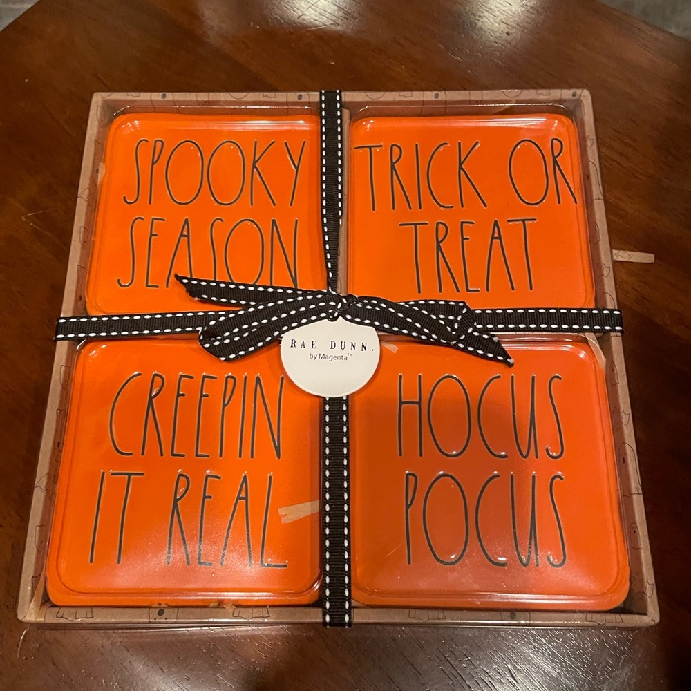 Rae Dunn orange Halloween set 4 coasters